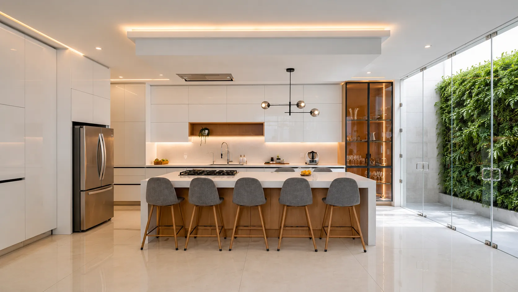 Cocina ARMEL con isla central, cubiertas de mármol y acabados de madera